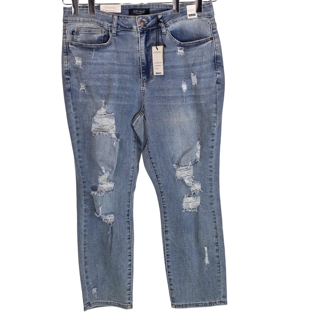 Judy Blue Jeans Women 18W Medium Wash High Rise Boyfriend Distressed Stretch NWT